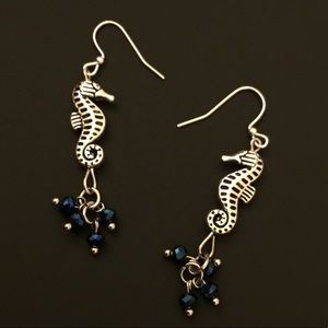 Silver Seahorse & Blue Crystal Dangle Earrings